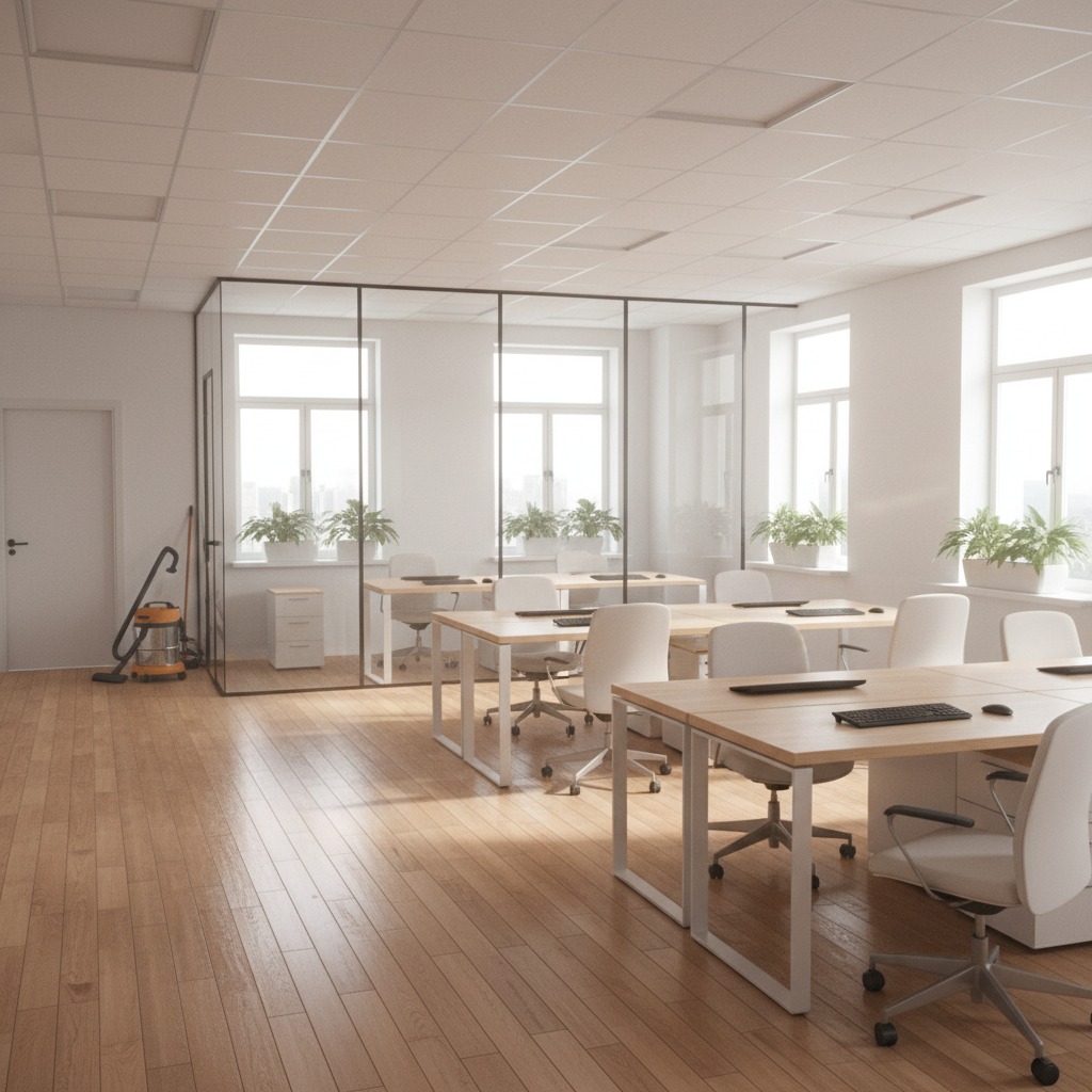 Een licht en modern kantoor met houten vloeren, glazen scheidingswanden en rijen bureaus met witte bureaustoelen.